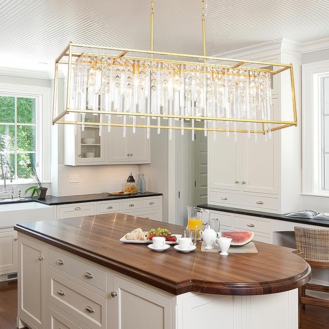 Modern Crystal Chandelier, Gold Rectangular Crystal Chandelier for Dining Room, 40" Top K9 Luxury Rectangle Farmhouse Light Fixture for Living Room, Kitchen Island L40xW12xH11