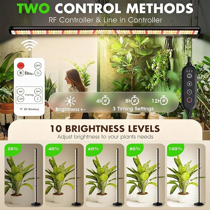 Vertical Grow Lights for Indoor Plants Full Spectrum 36W, 57 Inch Plant Lights for Seed Starting with Timer and 10 Level Dimmable Standing Plant Growing Lamp for Greenhouse with Hanging Accessories