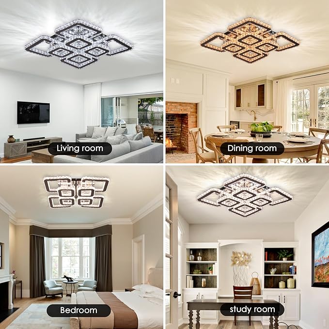 FRIXCHUR 20 Inch Dimmable Crystal Chandelier Flush Mount Ceiling Light 8-Light Square LED with Remote 72W 6120LM Modern K9 Crystal Chandelier for Living Room Bedroom Dining Room