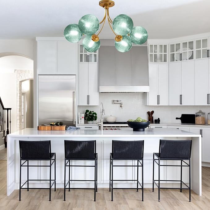 Mid Century Modern Chandeliers 6-Light Glass Gold Chandeliers Hanging Sputnik Chandelier with Green Globe Shade Vintage Ceiling Light Fixtures for Dining Room Living Room Bedroom