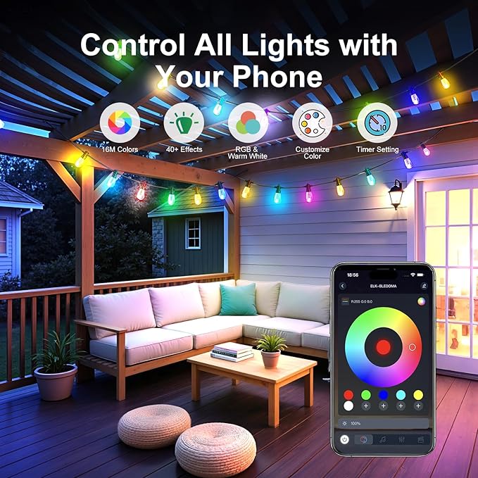 Outdoor String Lights 48ft, Patio Lights with 15 Dimmable LED Bulbs, RGBW & Warm White, IP67 Waterproof, Shatterproof, APP & Remote Control, Color Change, Customizable Colors for Backyard Decor