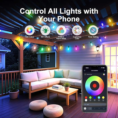 Outdoor String Lights 48ft, Patio Lights with 15 Dimmable LED Bulbs, RGBW & Warm White, IP67 Waterproof, Shatterproof, APP & Remote Control, Color Change, Customizable Colors for Backyard Decor