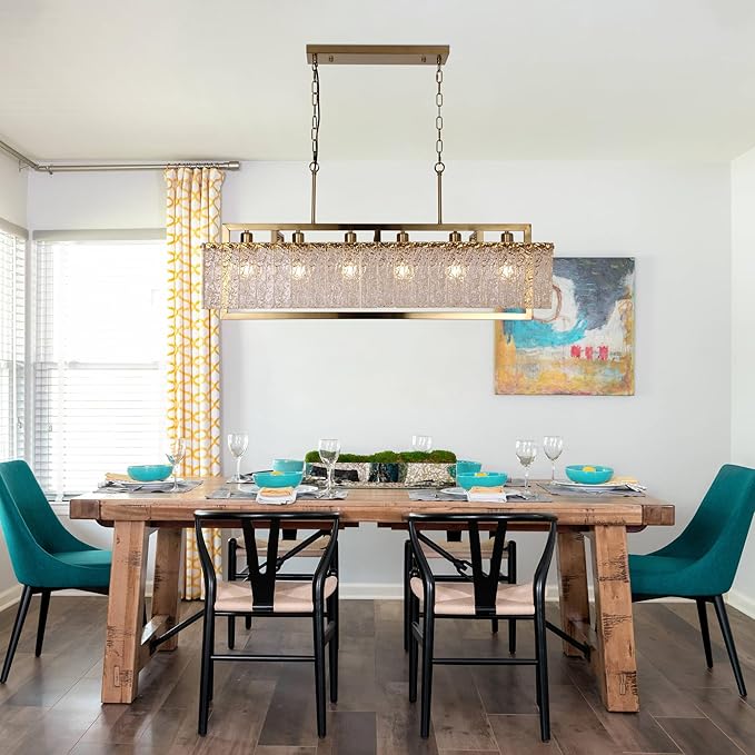 42" Gold Crystal Modern Chandelier for Dining Room, Chandeliers with Water Ripple Glass, Adjustable Chain Length,Luxury Rectangular Pendant Light Fixture for Kitchen Island Living Room