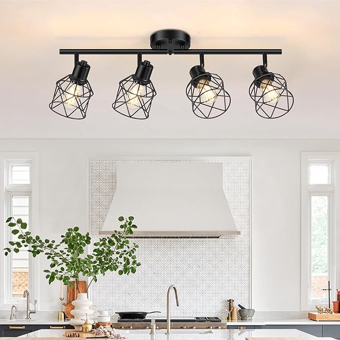 Baocuz 4-Lights Semi Flush Mount Ceiling Light, Adjustable Multi-Directional Light Fixtures, Rotatable Farmhouse Light Fixtures Mount with Metal Cage for Dining Room, Living Room