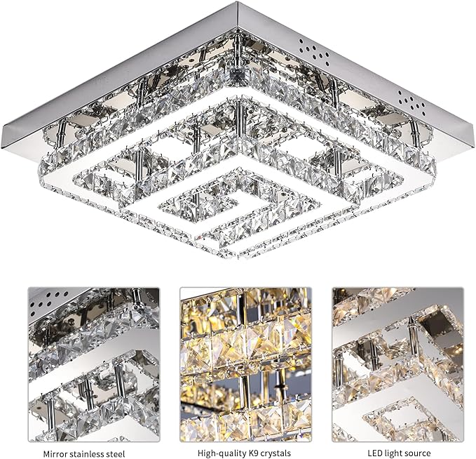 25" Crystal Chandelier with Remote/App Control, 3 Color Temperature Light Fixture & Brightness Adjustable, Modern Flush Mount LED Ceiling Light Fixture for Living Room Kitchen Hallway Dining Room