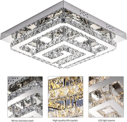 25" Crystal Chandelier with Remote/App Control, 3 Color Temperature Light Fixture & Brightness Adjustable, Modern Flush Mount LED Ceiling Light Fixture for Living Room Kitchen Hallway Dining Room