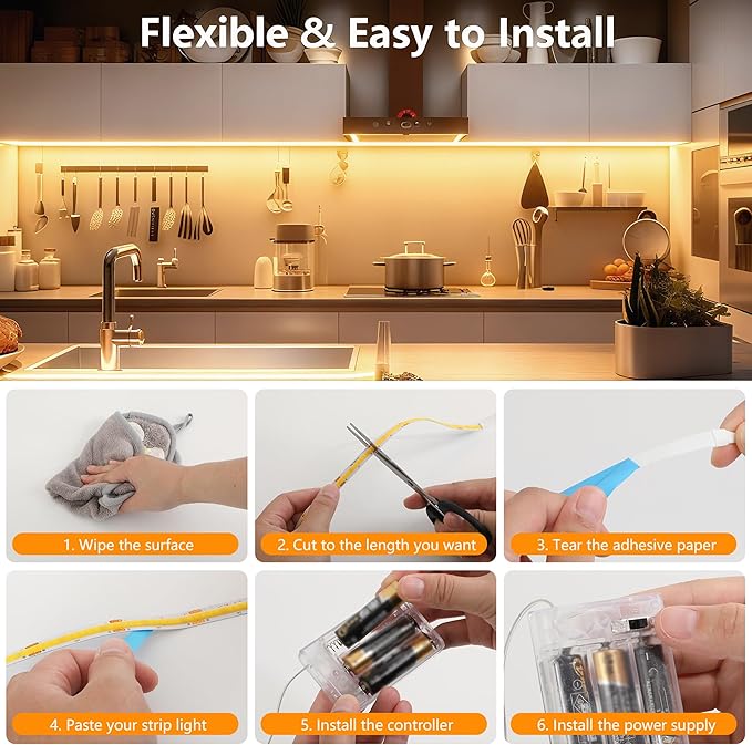 Battery Powered COB LED Strip Lights,3.28ft Warm White LED Light Strip for Dorm Room, Under Bed, Shelves, TV Backlight, Closet, Small Cuttable Tape Lights, Small Battery Operated LED Lights for TV