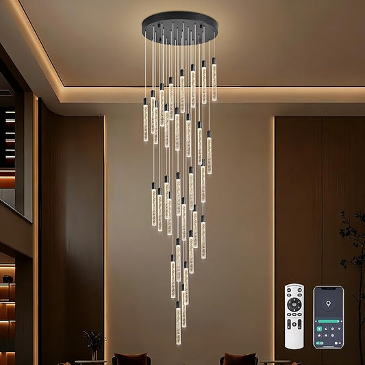 30-Lights Bubble Chandelier for Entryway High Ceiling-196 Height Adjustable Crystal Chandelier,3 Color Temperature Dimmable LED Pendant Light Fixture for Foyer Living Room Staircase,Matte Black