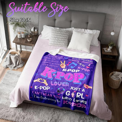 Kpop Gifts Blanket for Teen Girls - Music Gifts for Women Friends K-Pop Fans Lovers, Kpop Merch Stuff, Christmas Birthday Gifts for BFF Girls Women, Just A Girl Who Loves K-pop Blanket 80''x60''