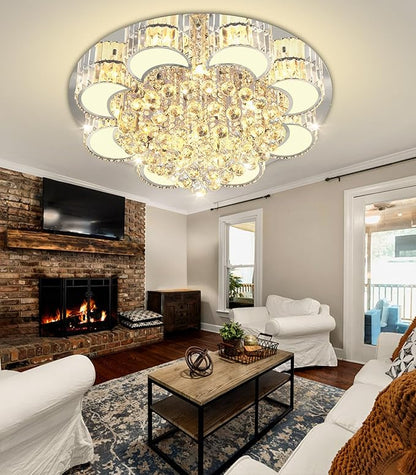 31.4" Silver Modern Crystal Chandeliers for Dining Room LED Dimmable Light Fixtures Flush Mount Light Living Room Bedrooms