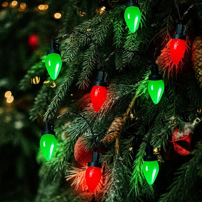RECESKY C7 Bulbs Christmas String Lights with Remote - 50 LED 26ft Battery String Lights - Fairy Christmas Lighting for Patio Decor Eave Roofline Holiday Festival Christmas Eve Decorations - Red Green