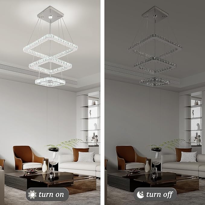 Modern Crystal Chandelier LED Ceiling Light, Square 3-Ring Height Adjustable 47W K9 Crystal Pendant for Dining Room, Living Room, Bedroom, Foyer, Cool White 6000K