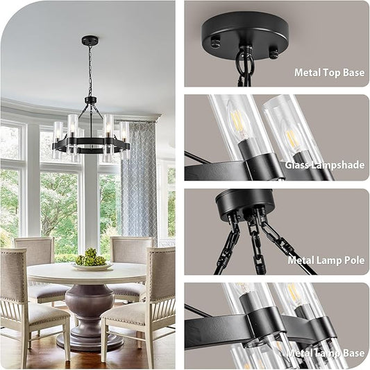 6-Light Large Black Wagon Wheel Chandelier with Glass Shades, 20 Inch Farmhouse Industrial Round Chandelier for High Ceilings, Pendant Lighting Fixture for Dining Living Room Kitchen Island Foyer
