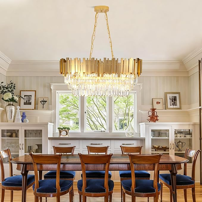 Modern Rectangular Chandelier Luxury Gold Crystal Chandelier,E12 Base Oval Contemporary Ceiling Hanging Light, Linear Ceiling Pendant Light for Living Room Dining Room Entryway L32in