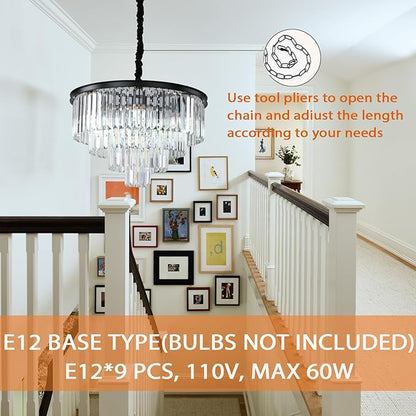 Black Modern Crystal Chandelier Lighting K9 Crystal Round Chandelier Hanging Ceiling Light Fixture 4-Tier Contemporary Crystal Pendant Light for Dining Room Living Room Bedroom 23.6inch