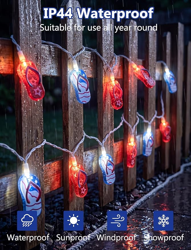 8.5Ft LED Tropical Beach Flip Flop String Lights, 4th of July Slipper String Lights Plug in with 10 Bulbs, Independence Day Decoration Lights for Patriotic Party Garden Festival National Day, White