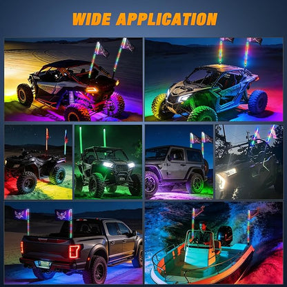 Nilight 2PCS 3FT RGB LED Whip Light with Spring Base and 8 PCS Rock Lights Combo, Remote App Control w/DIY Chasing Patterns Turn Signal Brake Reverse Antenna Lighted Whips for ATV UTV Polaris RZR Jeep