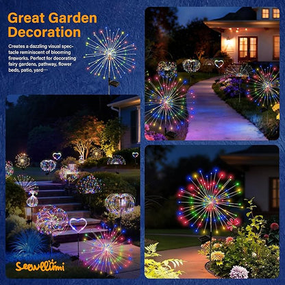 Solar Garden Lights Outdoor Decorative, 4pack 120 LED Firework Lights Waterproof，Solar Fairy Lights for Outside,Garden,Yard, Patio,Pathway,Flowerbed,Party(Multicolor)