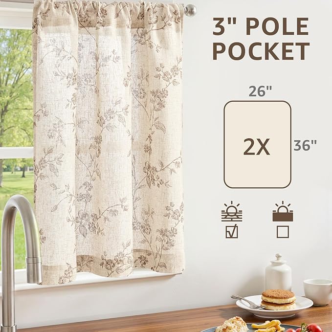 jinchan Floral Kitchen Curtains 36 Inch Linen Tier Curtains Farmhouse Cafe Half Window Drapes Over Sink Light Filtering for Living Room Laundry RV Rod Pocket 2 Panels Taupe on Beige