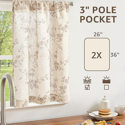 jinchan Floral Kitchen Curtains 36 Inch Linen Tier Curtains Farmhouse Cafe Half Window Drapes Over Sink Light Filtering for Living Room Laundry RV Rod Pocket 2 Panels Taupe on Beige