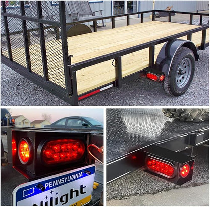 Nilight 2PCS Steel Trailer Light Boxes Housing Kit w/6Inch Oval Red LED Trailer Tail Lights 2 Inch Round Red LED Side Marker Lights w/Grommet Plugs Wire connectors
