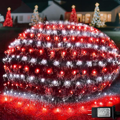 Pooqla Christmas Net Lights, 300LED Outdoor Net Mesh Lights, 14.8x4.9 ft Fairy String Lights 8 Modes Green Wire, Connectable Waterproof Decorative for Bushes Tree Garden Christmas, Red and White