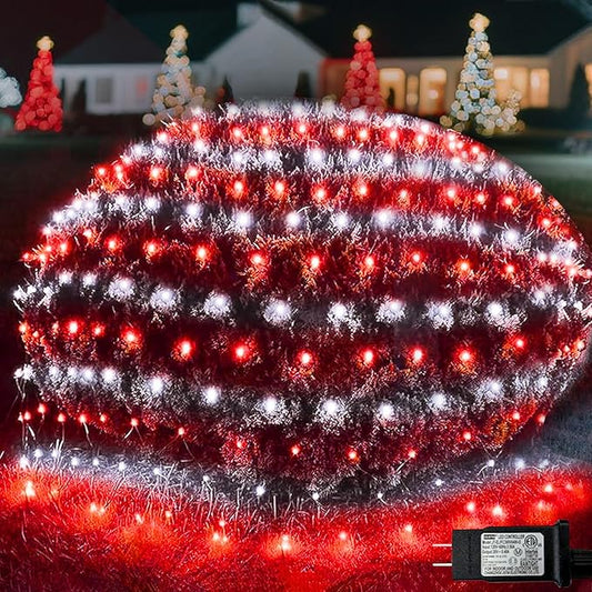 Pooqla Christmas Net Lights, 300LED Outdoor Net Mesh Lights, 14.8x4.9 ft Fairy String Lights 8 Modes Green Wire, Connectable Waterproof Decorative for Bushes Tree Garden Christmas, Red and White