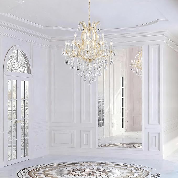 Modern Gold Chandelier Light Fixture - Large Maria Theresa Crystal Chandeliers for Dining Room, Kitchen Island, Living Room, Bedroom, 15 Lights, 2 Layers