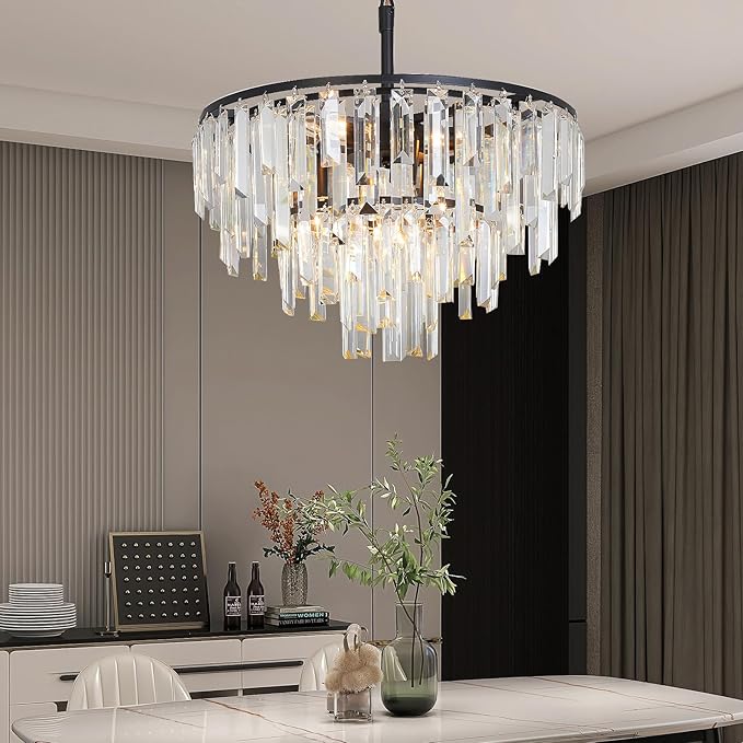 Modern Black Crystal Chandelier, 18" Round Chandeliers for Dining Room 4-Tier 6 Lights Luxury Top K9 Crystal Ceiling Pendant Light Fixture for Foyer Bedroom Closet