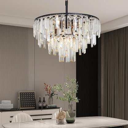 Modern Black Crystal Chandelier, 18" Round Chandeliers for Dining Room 4-Tier 6 Lights Luxury Top K9 Crystal Ceiling Pendant Light Fixture for Foyer Bedroom Closet