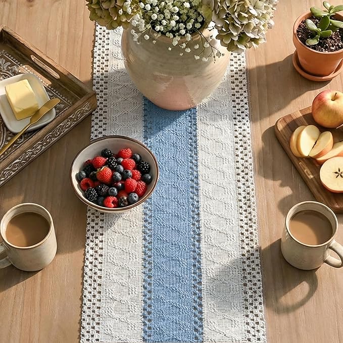 Artoid Mode Sky Blue Farmhouse Rustic Table Runner, Seasonal Holiday Hollow Kitchen Dining Table Decoration for Home Party Decor 12x72 Inch