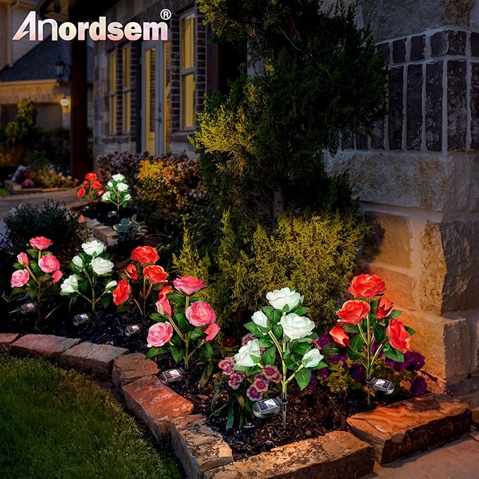 Anordsem Solar Garden Lights Outdoor: 20 Waterproof Fabric Roses 4 Pack - Red LED Flower Decorations for Yard Patio Path Cemetery Grave - Birthday Gifts for Women Mom Wife