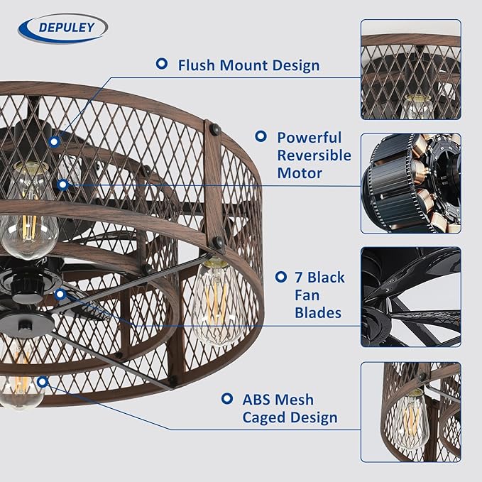 Depuley Flush Mount Ceiling Fan: 20" Caged Ceiling Fans with Lights and Remote App Control for Kitchen Bedroom Farmhouse - Rustic Low Profile Ceiling Fandelier Lights Reversible 6 Speed Timer Walnut