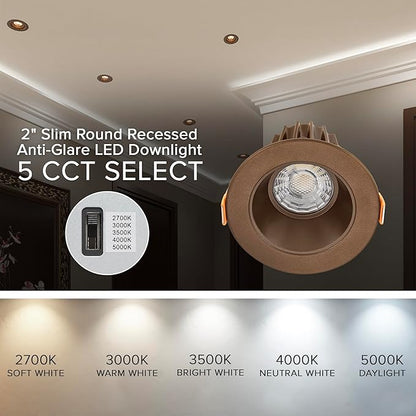 Maxxima 2 in. Ultra-Thin Recessed Anti-Glare LED Downlight - Canless IC Rated, 5 Color Temperature Selectable 2700K/3000K/3500K/4000K/5000K, Dimmable, Round Bronze Trim, 90 CRI
