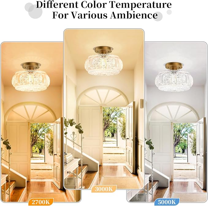 Semi Flush Mount Ceiling Light, Upgraded Larger Gold Glass Ceiling Light Fixture, Vintage Lighting for Hallway Kitchen Bedroom Dining Room, Bulb Not Included