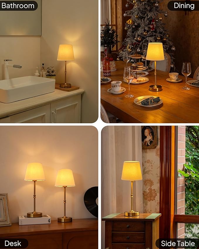 EppieBasic Cordless Table Lamp Rechargeable: Fast Charging & Long Lasting - 2700K Warm Light Small Vintage Gold Lamps - Dinning Living Room Bedroom - Beige Shade