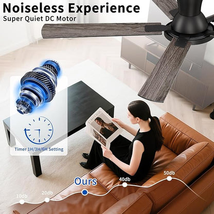 60 Inch Black Ceiling Fans with Lights and Remote, Flush Mount Low Profile 5 Blades Ceiling Fan with 10 Inch Lighting Fixture, Quiet Reversible DC Motor for Living Room, Bedroom and Patio