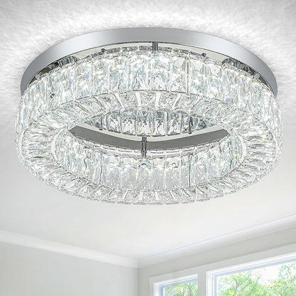 HOPGGIE 18 Inch Crystal Chandelier LED Ceiling Light Flush Mount Ceiling Light Fixtures Luxury Large Chandelier Light for Living Room Bedroom Dining Room Closet (Cool White)