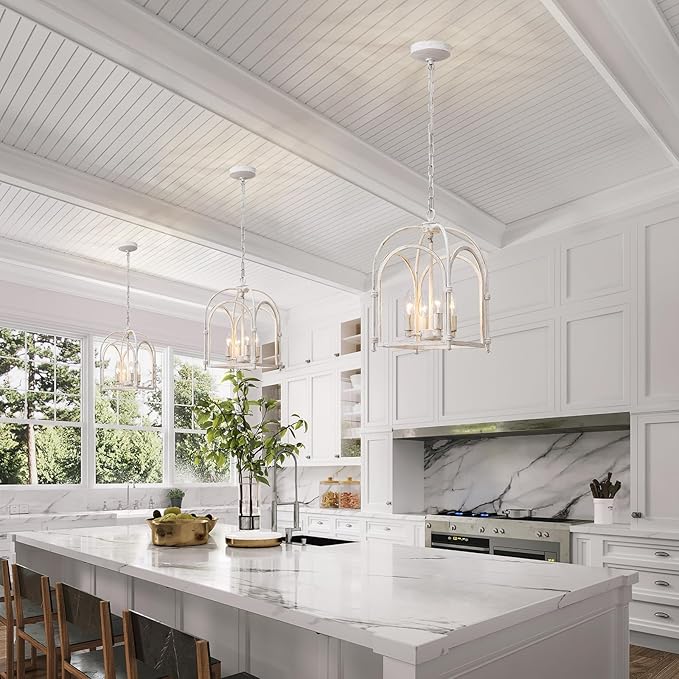 4-Light Chandeliers, Farmhouse White Chandelier for Dining Room Light Fixtures, Lantern Metal Kitchen Pendant Light Fixtures, Rustic Cage Chandelier for Bedroom Living Room Kitchen Island Hallway