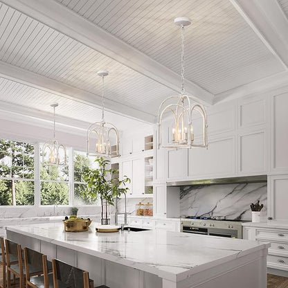 4-Light Chandeliers, Farmhouse White Chandelier for Dining Room Light Fixtures, Lantern Metal Kitchen Pendant Light Fixtures, Rustic Cage Chandelier for Bedroom Living Room Kitchen Island Hallway