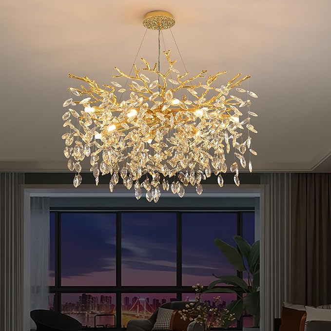 Tree Branch Chandelier Modern Crystal Pendant Light, Luxury Gold Art Deco Raindrop Lighting Fixture for Dining Room Bedroom Living Room 10 Lights D30''