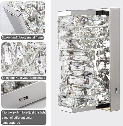 HuisMier Chrome Crystal Wall Sconces, Modern Dimmable LED Wall Light Fixtures with 3 Color Temperature, K9 Elegant Crystal Vanity Wall Lighting for Bathroom Bedroom Living Room Stairway Hallway