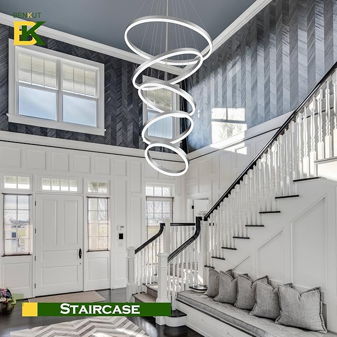 Benkut 5-Rings Modern LED Chandelier Silver High Ceiling Chandelier with Remote Control Dimmable Pendant Lighting for Dining Room Foyer Living Room Entryway Staircase(3000K-6500K, D23.6in)