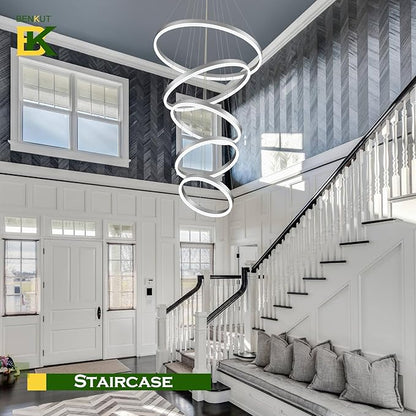 Benkut 5-Rings Modern LED Chandelier Silver High Ceiling Chandelier with Remote Control Dimmable Pendant Lighting for Dining Room Foyer Living Room Entryway Staircase(3000K-6500K, D23.6in)