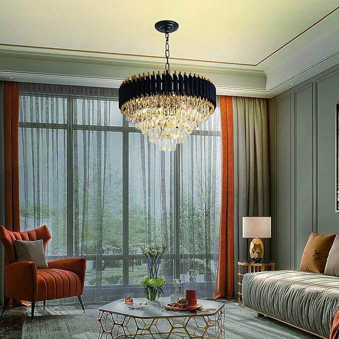 Gold Crystal Chandelier Contemporary, 24" Modern Living Room Chandeliers, K9 Crystal Ceiling Lights Fixtures, Round 5 Tiers Pendant Lighting Chandelier Black for Entryway Dining Room Staircase