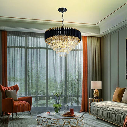 Gold Crystal Chandelier Contemporary, 24" Modern Living Room Chandeliers, K9 Crystal Ceiling Lights Fixtures, Round 5 Tiers Pendant Lighting Chandelier Black for Entryway Dining Room Staircase