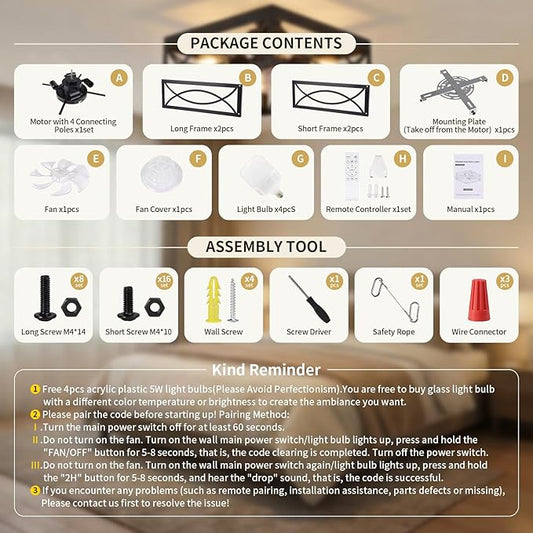 LIONVISON Caged Ceiling Fan with Lights: 16" Small Flush Mount Low Profile Fandelier with Remote DC Motor Reversible 6 Speeds Farmhouse Industrial Ceiling Fans for Bedroom Kitchen Black