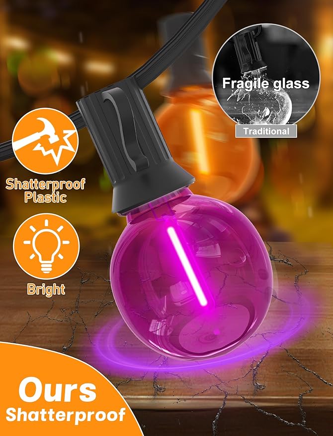 SUNSGNE G40 LED Halloween String Lights Outdoor 50FT Halloween Globe Lights with 27 LED Shatterproof Clear Orange Purple Bulbs(2 Spare) for Patio Balcony Backyard Pergola Decor