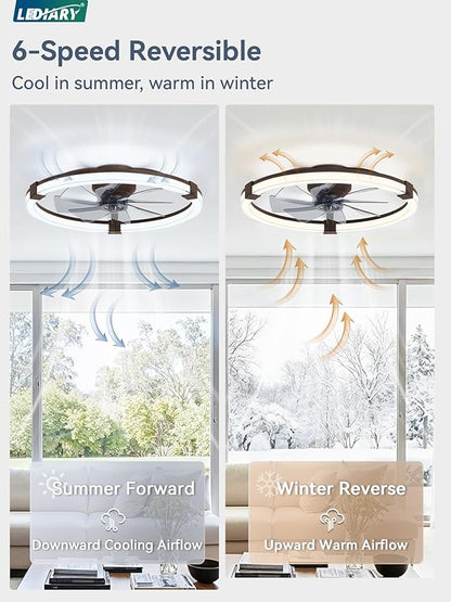 LEDIARY Ceiling Fans with Lights, 23 Inch Low Profile Ceiling Fan with Remote, 6 Speeds, Reversible, Dimmable Flush Mount Fan Light, Modern Fandelier Ceiling Fan with Lights for Bedroom, Brown