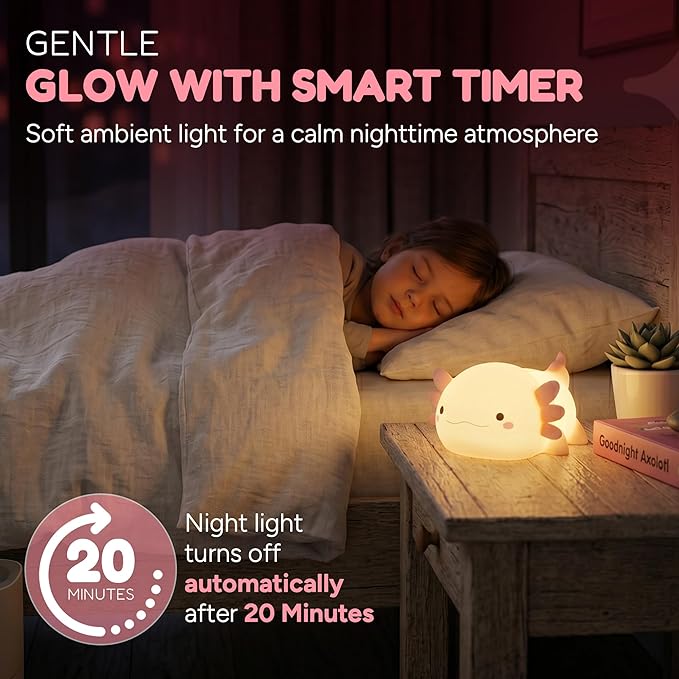 Cute Axolotl Night Light for Kids, Silicone Baby Nursery Night Light, Rechargeable Touch Lamp with Timer & Dimmable Warm Light for Bedroom Decor, Cute Animal Lamp